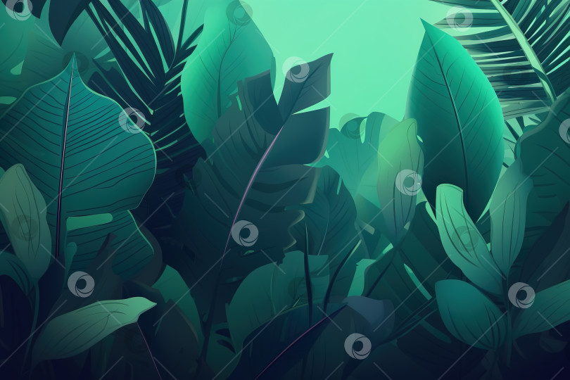 Скачать Зеленая листва джунглей, эко-фон, плоская иллюстрация тропических листьев. Порождающий искусственный интеллект фотосток Ozero