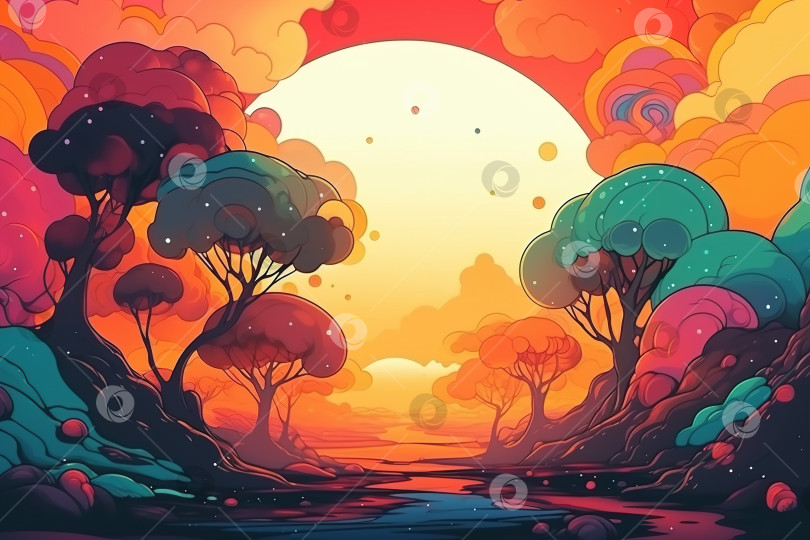 Скачать Сюрреалистический психоделический пейзаж. Фантастическая иллюстрация красочного сказочного леса, солнца и неба. Порождающий искусственный интеллект фотосток Ozero