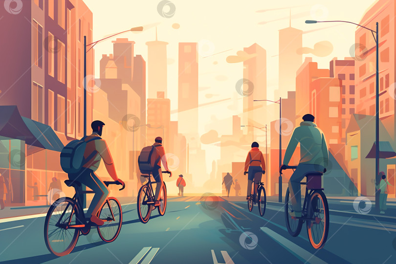 Скачать Вид сзади на людей, едущих на велосипедах по дороге в городе, плоская иллюстрация. Порождающий искусственный интеллект фотосток Ozero