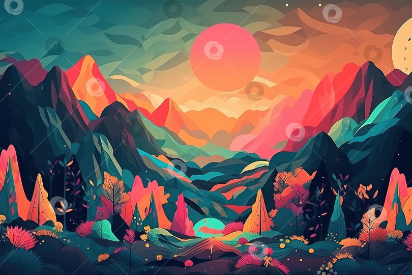 Скачать Фантастическая иллюстрация с изображением гор, луны, озера и леса. Сюрреалистический пейзаж, психоделическое путешествие в палитре 60-х годов. Порождающий искусственный интеллект фотосток Ozero