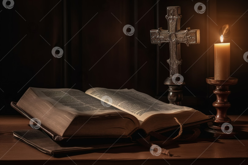Скачать Священная религиозная древняя книга Библия, крест и горящая свеча на деревянном столе. Порождающий искусственный интеллект фотосток Ozero