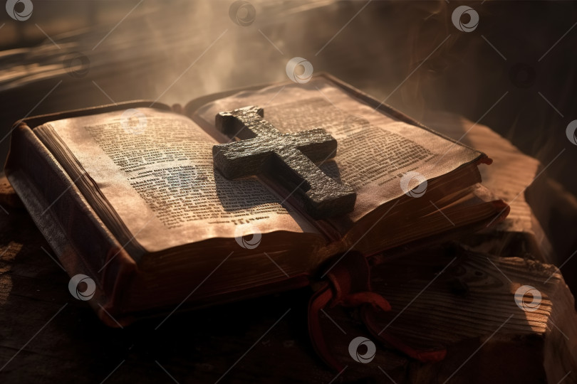 Скачать Священная религиозная древняя книга Библия и крест на деревянном столе. Порождающий искусственный интеллект фотосток Ozero