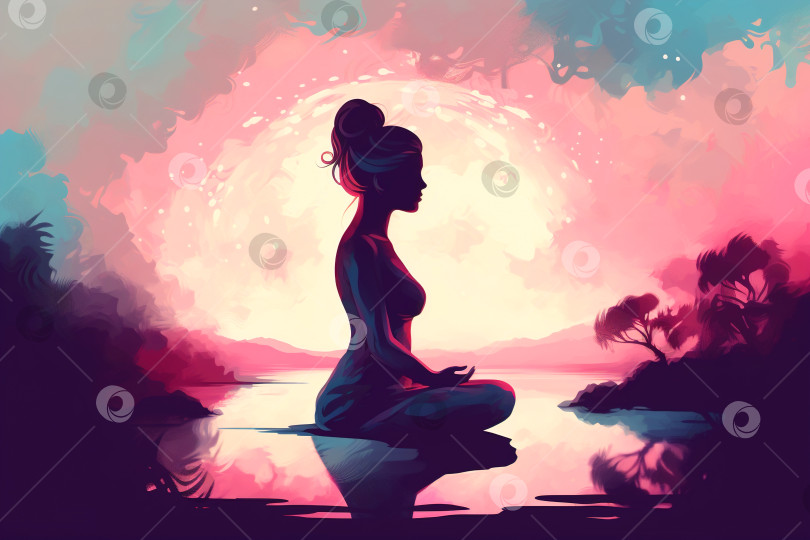 Скачать Силуэт женщины, медитирующей, сидя в позе лотоса на воде, отдыхающей на природе. Женское психическое здоровье, спокойствие, гармония - абстрактная концепция красочной иллюстрации. Порождающий искусственный интеллект фотосток Ozero