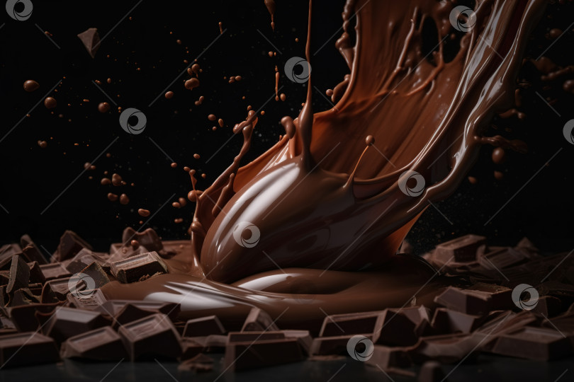 Скачать Шоколадная стружка, брызги жидкого коричневого сладкого шоколада. Порождающий искусственный интеллект фотосток Ozero