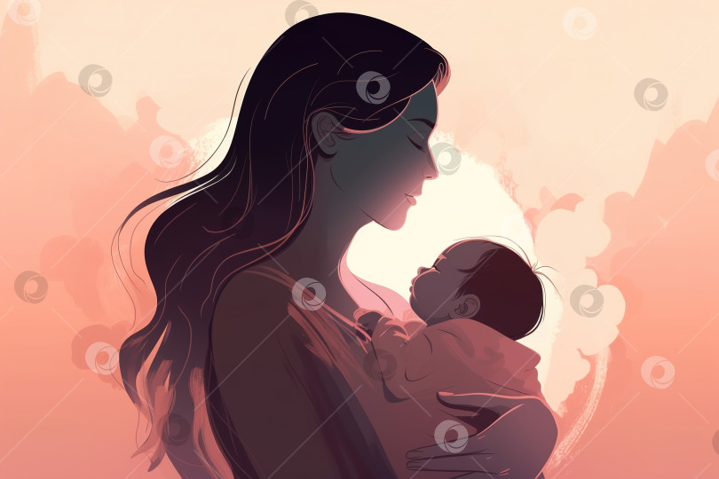 Скачать Материнство, иллюстрация абстрактного искусства ко дню матери. Женщина, любящая мать, нежно обнимающая новорожденного младенца на руках. Порождающий искусственный интеллект фотосток Ozero