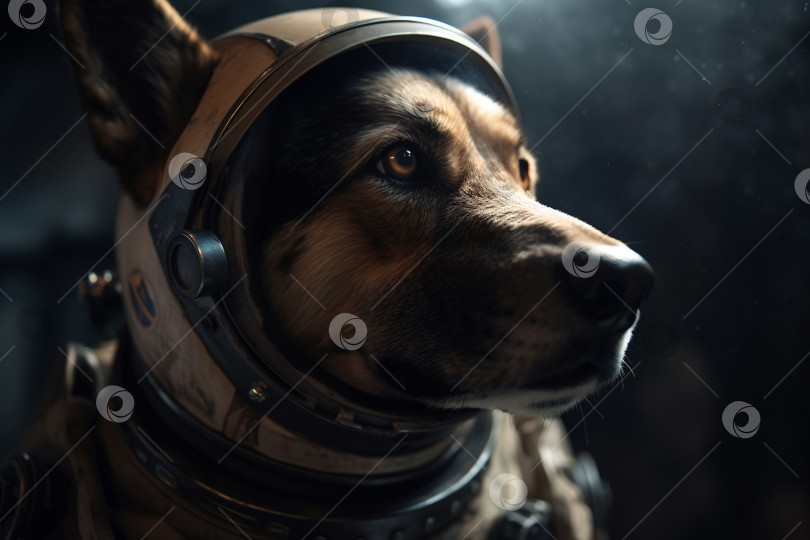Скачать Собака-астронавт, домашнее животное в шлеме и скафандре в космосе. Животная фантазия Порождающий искусственный интеллект фотосток Ozero