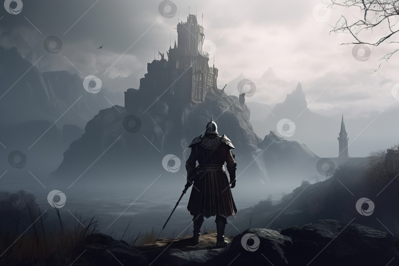 Скачать Вид сзади на средневекового воина с мечом, стоящего перед замком в туманный день. Иллюстрация в стиле темного фэнтези. Порождающий искусственный интеллект фотосток Ozero