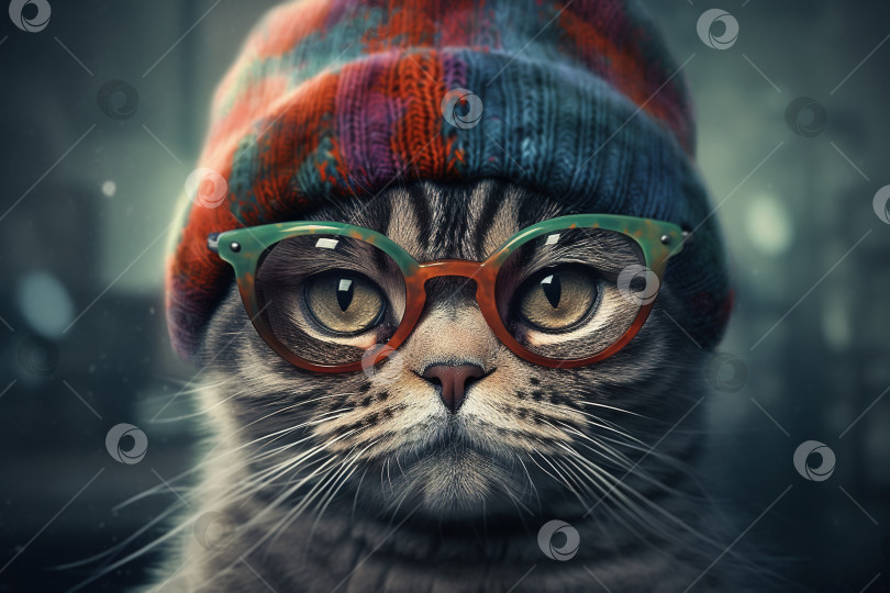 Скачать Забавный домашний кот в очках и вязаной шапочке, портрет домашнего животного. Генеративная иллюстрация животного с искусственным интеллектом фотосток Ozero