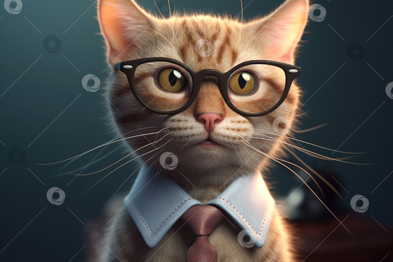 Скачать Забавный умный кот в очках и галстуке. Порождающий искусственный интеллект фотосток Ozero