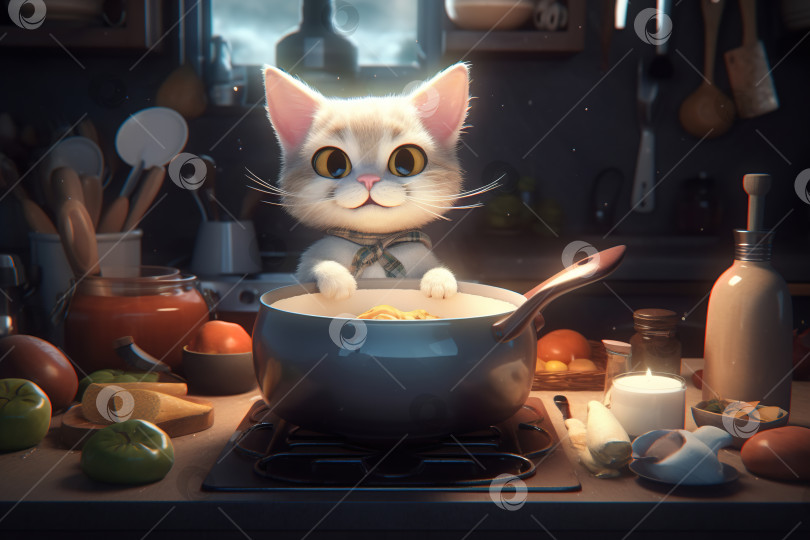 Скачать Милый котенок-шеф-повар на кухне, счастливый забавный белый пушистый питомец готовит ужин. Животный генеративный искусственный интеллект фотосток Ozero