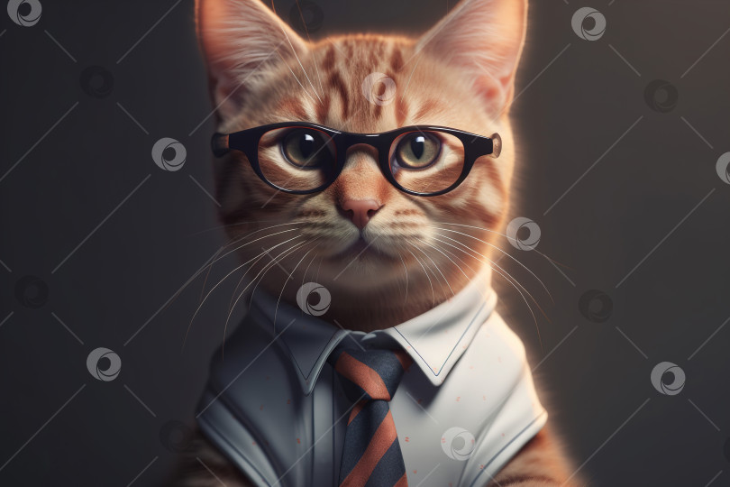 Скачать Забавный рыжий умный кот в очках и галстуке смотрит в камеру. Иллюстрация генеративного искусственного интеллекта к портрету домашнего животного фотосток Ozero