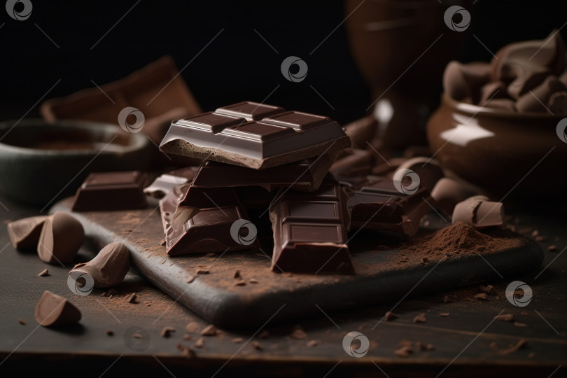 Скачать Кусочки шоколада, коричневый сладкий десерт. Порождающий искусственный интеллект фотосток Ozero