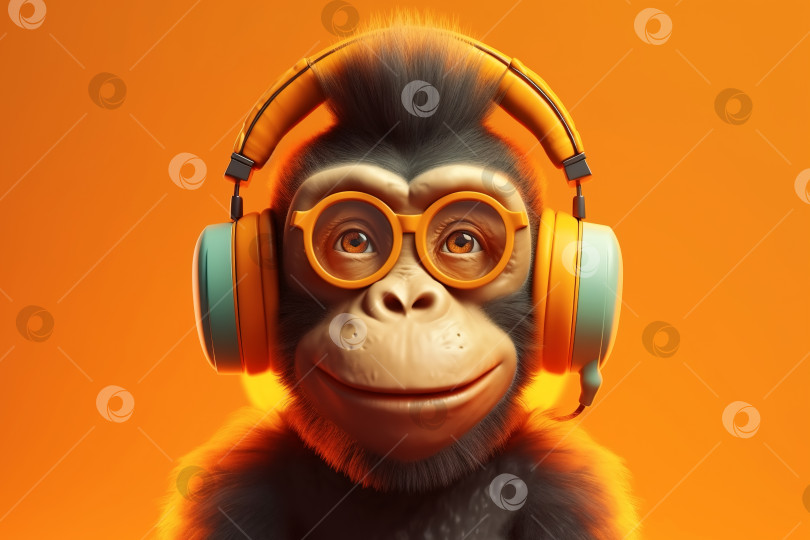 Скачать Улыбающаяся забавная обезьянка-хипстер в очках и наушниках слушает музыку на оранжевом фоне. Искусственный интеллект, порождающий животных фотосток Ozero