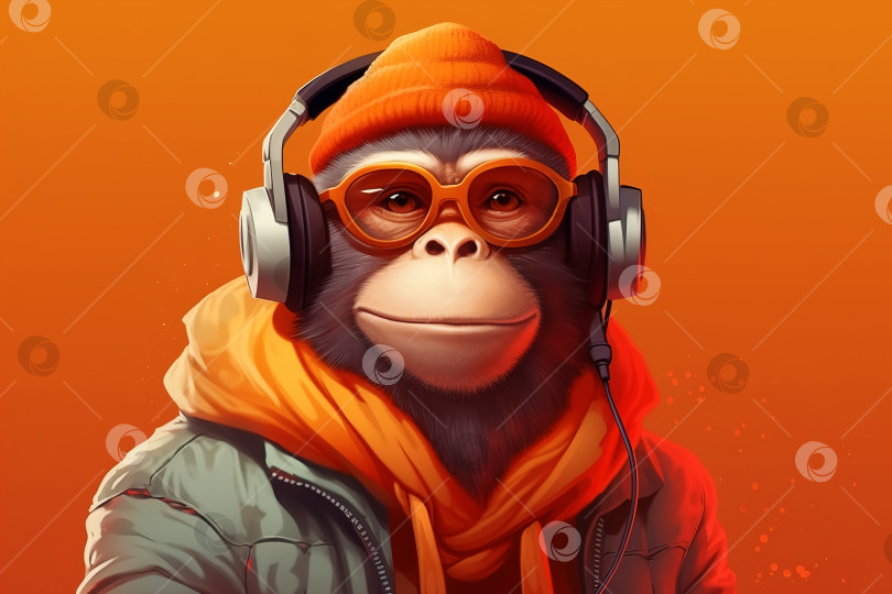Скачать Крутая обезьянка-хипстер в наушниках слушает музыку. Стильный шимпанзе в очках и шляпе слушает аудио на оранжевом фоне. Искусственный интеллект, порождающий животных фотосток Ozero
