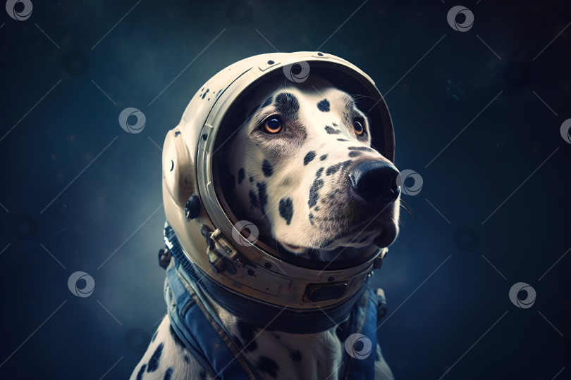Скачать Симпатичная собачка-астронавт, домашний далматинец в шлеме и скафандре в космосе. Животная фантазия Порождающий искусственный интеллект фотосток Ozero