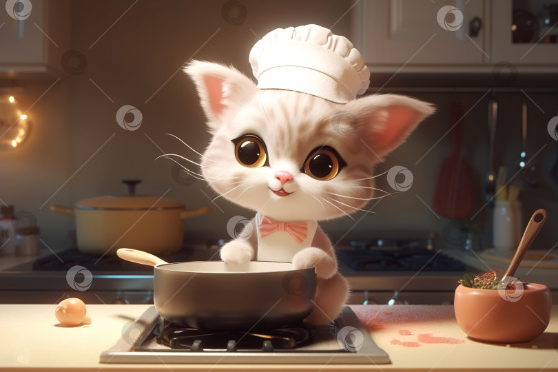 Скачать Милый котенок-шеф-повар на кухне, счастливый забавный белый пушистый домашний котенок готовит еду на столе. Искусственный интеллект, порождающий животных фотосток Ozero