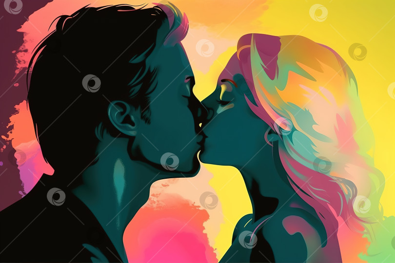 Скачать Романтика, чувства, отношения, абстрактная иллюстрация искусства эмоций. Пара вместе, мужчина и женщина целуются, ласкаются. Порождающий искусственный интеллект фотосток Ozero