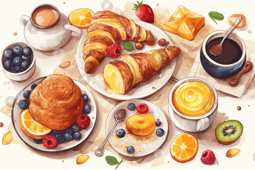Скачать Веганский завтрак с круассанами, акварельная иллюстрация. Продукты питания, фрукты, ягоды и напитки. Порождающий искусственный интеллект фотосток Ozero