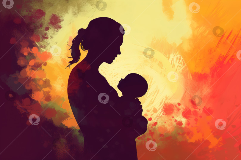 Скачать Материнство, иллюстрация абстрактного искусства ко дню матери. Силуэт безликой женщины, держащей на руках новорожденного ребенка. Порождающий искусственный интеллект фотосток Ozero