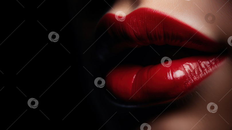 Скачать Красная помада на женских губах, красота женской косметики. Крупный план, пространство для копирования, выборочный фокус. Порождающий искусственный интеллект фотосток Ozero
