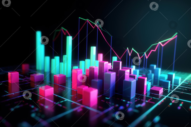 Скачать График фондовой биржи и столбцы, диаграммная 3d-модель. Порождающий искусственный интеллект фотосток Ozero