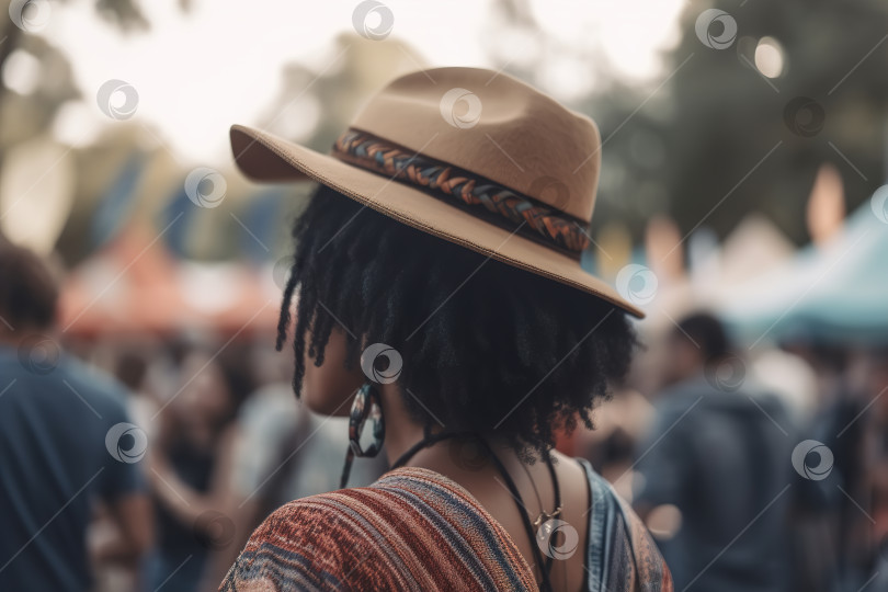 Скачать Неузнаваемая чернокожая женщина-хипстер в шляпе на музыкальном фестивале под открытым небом. Вид сбоку на молодую афроамериканку на праздничном мероприятии в парке. Порождающий искусственный интеллект фотосток Ozero