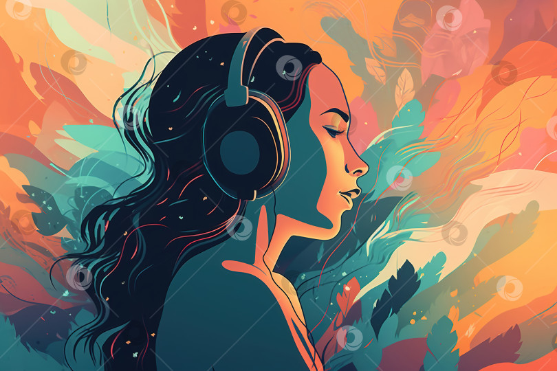 Скачать Концепция музыкальной терапии. Вид сбоку на женщину с закрытыми глазами в наушниках, слушающую музыку, абстрактная иллюстрация. Порождающий искусственный интеллект фотосток Ozero