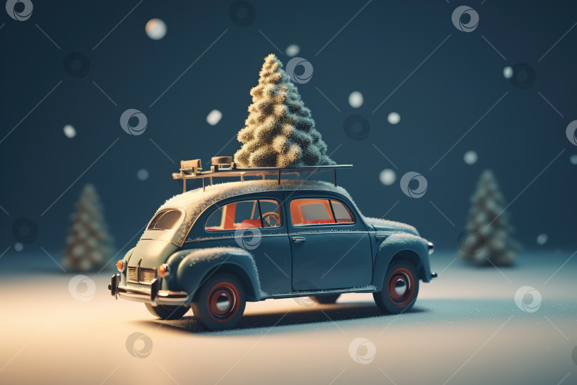 Скачать Маленькая игрушечная синяя машинка с рождественской елкой на крыше снежным зимним вечером. Рождественская тема, генеративный искусственный интеллект фотосток Ozero