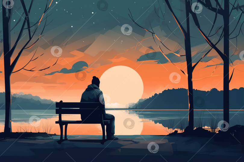 Скачать Вид сзади на одинокого грустного мужчину, сидящего на скамейке в осеннем парке на берегу озера на закате. Концепция иллюстрации депрессии, меланхолии, грусти, тоски, одиночества. Порождающий искусственный интеллект фотосток Ozero