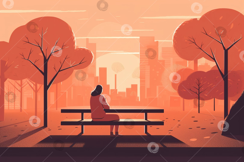 Скачать Вид сзади на неузнаваемую одинокую женщину, отдыхающую, сидя за столом в осеннем парке, плоская иллюстрация для отдыха на открытом воздухе. Порождающий искусственный интеллект фотосток Ozero
