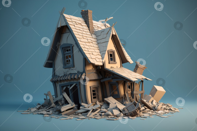 Скачать Разрушенный дом. Землетрясение, концепция заброшенного жилья. Иллюстрация генеративного искусственного интеллекта фотосток Ozero