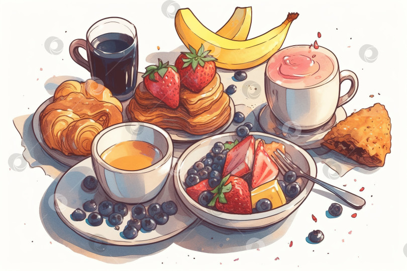 Скачать Акварельная иллюстрация к веганскому завтраку. Здоровая пища, фрукты, ягоды и напитки. Порождающий искусственный интеллект фотосток Ozero