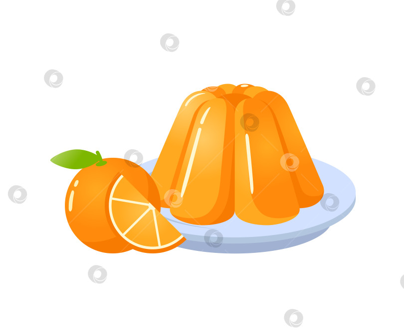 Скачать Апельсиновое желе сладкий десерт на тарелке с оранжевыми фруктами мультяшная векторная иллюстрация фотосток Ozero