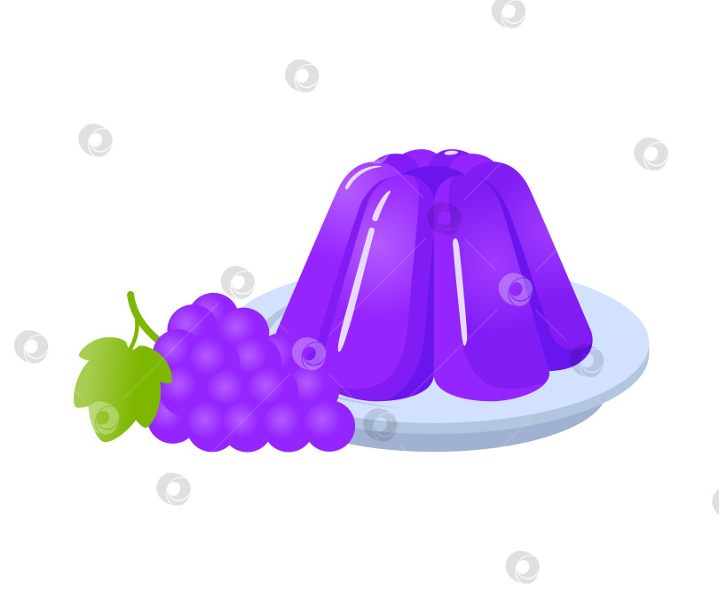 Скачать Фиолетовый желейный сладкий десерт на тарелке с виноградной ягодой мультяшная векторная иллюстрация фотосток Ozero