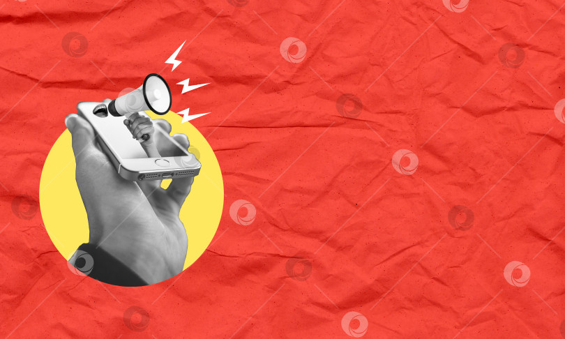 Скачать Обмен информацией. Коллаж в стиле современного искусства с изображением рук, торчащих из экрана телефона с мегафоном на красном фоне. фотосток Ozero