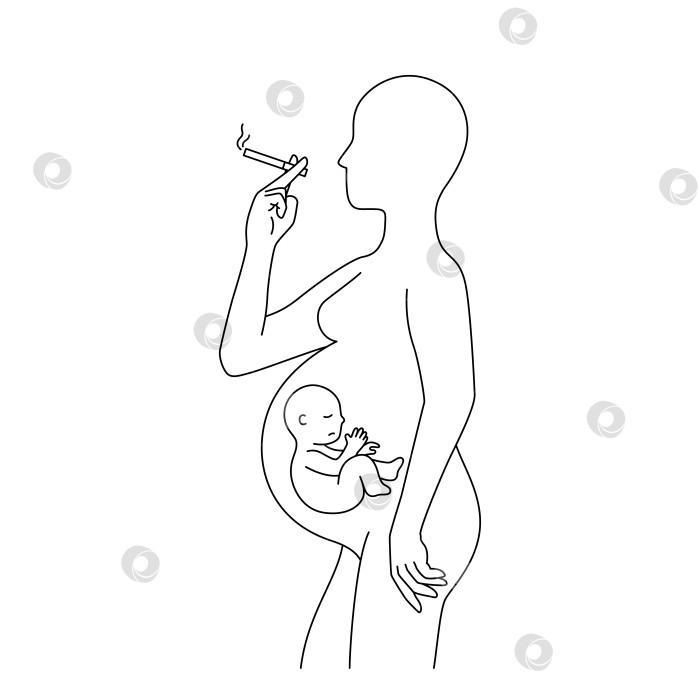 Скачать Беременная женщина с плодом ребенка внутри живота, курящая сигарету в стиле контура векторной иллюстрации фотосток Ozero