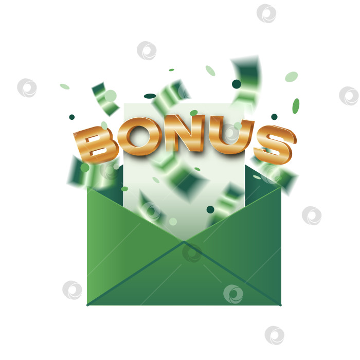 Скачать Золотой словесный бонус с конфетти и блестками, всплывающий из зеленого конверта электронной почты векторная иллюстрация для продвижения и рекламы фотосток Ozero