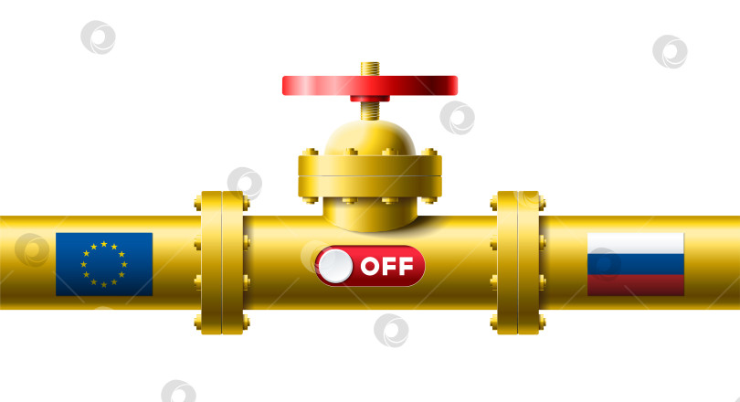 Скачать Желтый газопровод с выключенным красным ползунком и флагами Европейского союза и России векторная иллюстрация. Концепция прекращения импорта газа из России фотосток Ozero