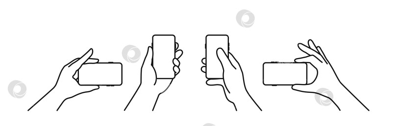 Скачать Векторные значки в стиле контура, удерживающие мобильный телефон в руке, с редактируемым штрихом. фотосток Ozero
