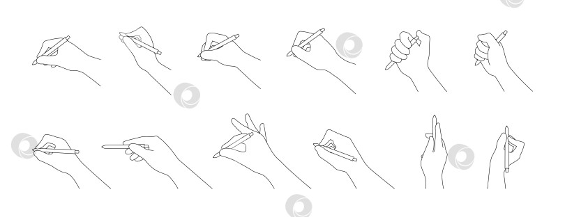 Скачать Удерживайте ручку в руке различными жестами в линейном стиле с редактируемым штрихом векторная иллюстрация изолирована фотосток Ozero
