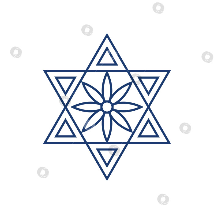 Скачать Контурная еврейская звезда с цветком в центре и треугольниками по краям, векторная иллюстрация с редактируемым штрихом фотосток Ozero