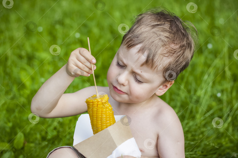 Скачать Симпатичный белокурый мальчик ест кукурузу летом, сидя на зеленой лужайке. Итог фотосток Ozero