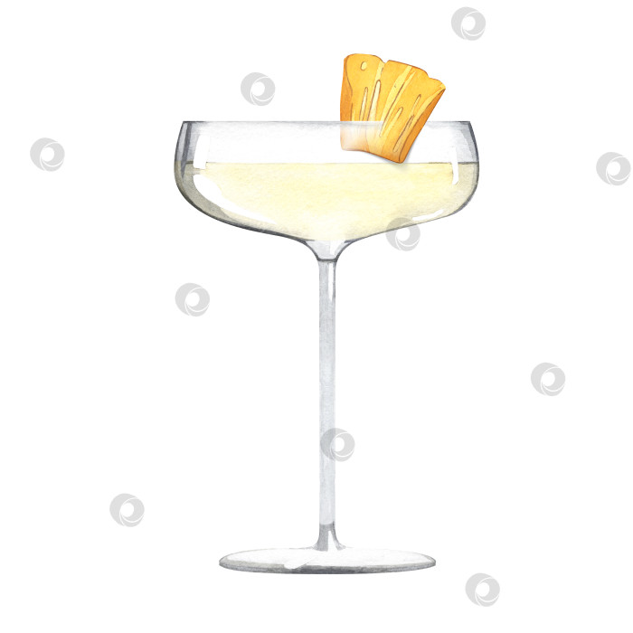 Скачать Французский ананасовый коктейль с долькой ананаса. Шампанское с фруктами. Алкогольный напиток в бокале на ножке. Акварельная иллюстрация на белом фоне. фотосток Ozero