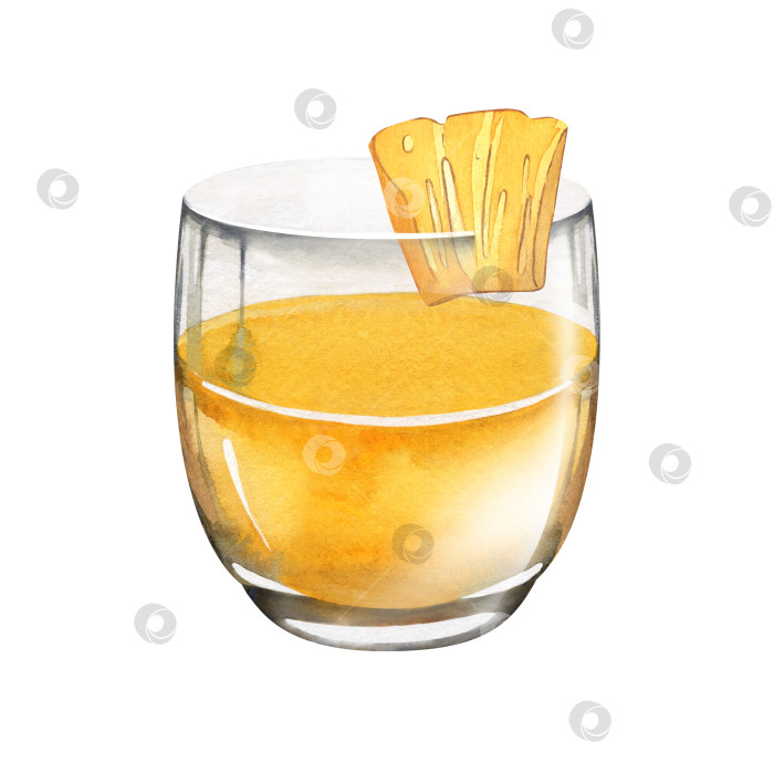 Скачать Стакан ананасового сока с ломтиком ананаса. Экзотический напиток в бокале. Акварельная иллюстрация фотосток Ozero
