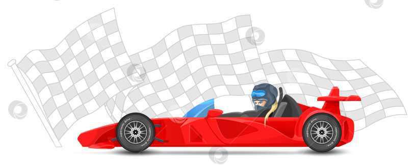Скачать Вид сбоку на красный гоночный автомобиль Формулы-1 (один) на фоне флага спортивного финиша. Спортивные болиды. Векторная изолированная иллюстрация. фотосток Ozero