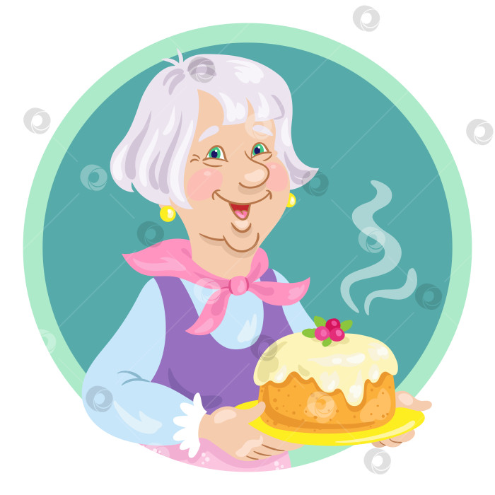 Скачать Милая бабушка с красивым тортом в руках. Значок аватара в мультяшном стиле. фотосток Ozero
