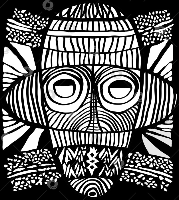 Скачать Этническая племенная маска. традиционная ритуальная маска коренных шаманов древних племен и религий вуду Африки, Америки и Австралии. Черно-белая векторная иллюстрация, нарисованная от руки. фотосток Ozero