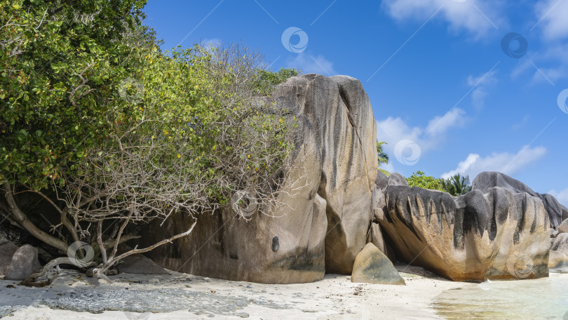 Скачать Причудливые гранитные скалы и валуны на пляже тропического острова. фотосток Ozero