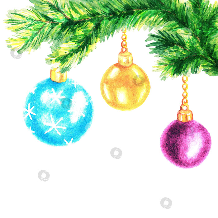 Скачать Еловые ветки и украшения для рождественской елки. Акварель (2) фотосток Ozero