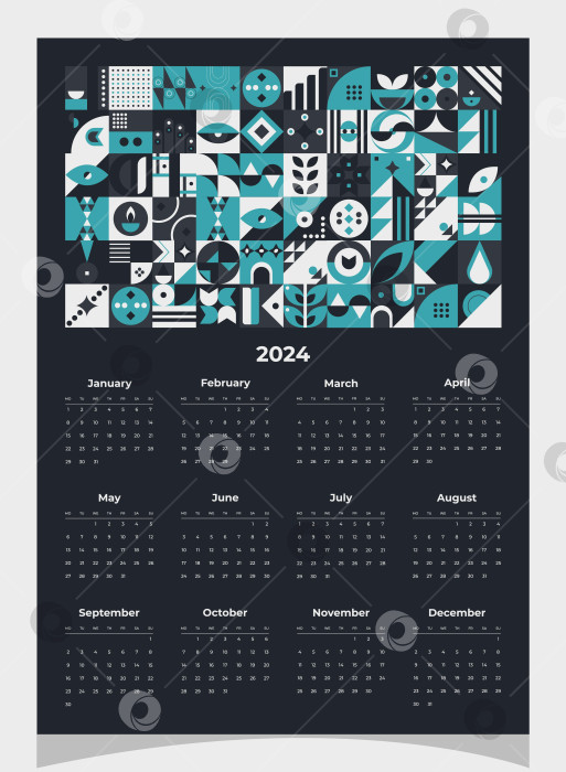 Скачать Календарь на 2024 год с геометрическими узорами. Шаблон календаря на 2024 год с геометрическими фигурами. фотосток Ozero